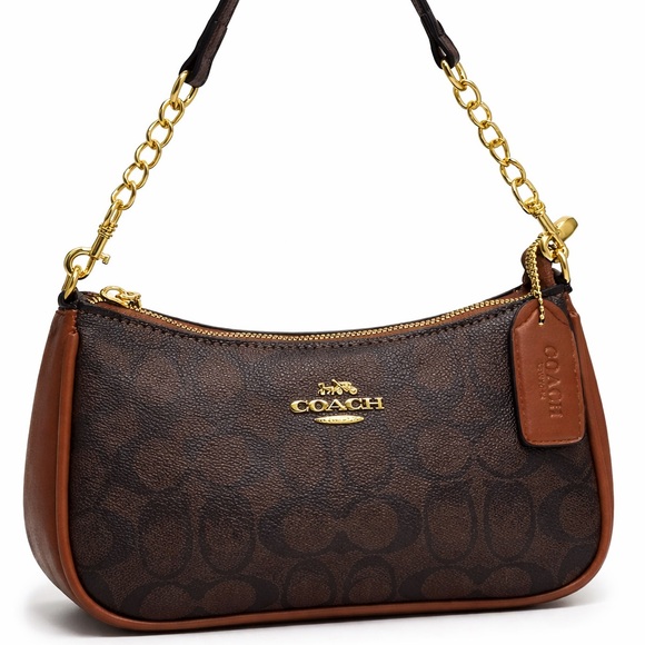 Coach Handbags - Coach Brown Signature Mini Shoulder Bag with Gold Hardware